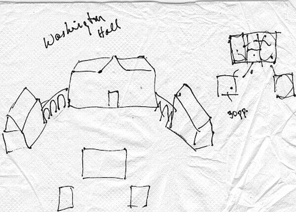 American Village drawing on a napkin
